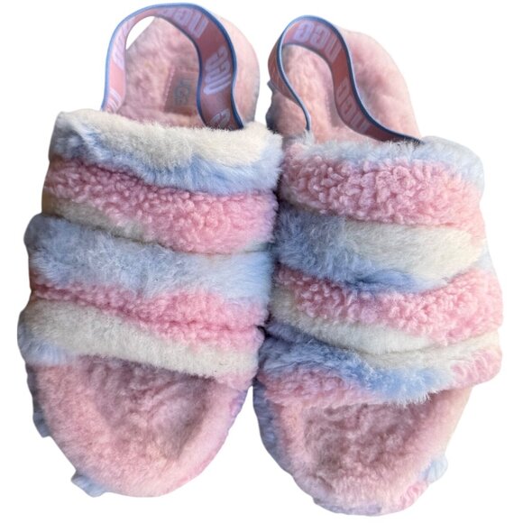 UGG W FLUFF YEAH SLIDE Slippers Cali Collage Women's 6 Pink Blue White Stripe - Picture 3 of 11